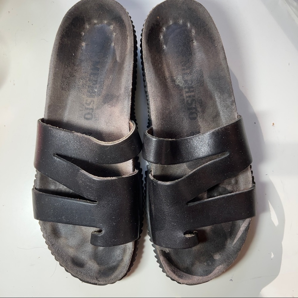 MEPHISTO Black slip-on sandals. Well loved. Size 6-1/2. Leather in good shape